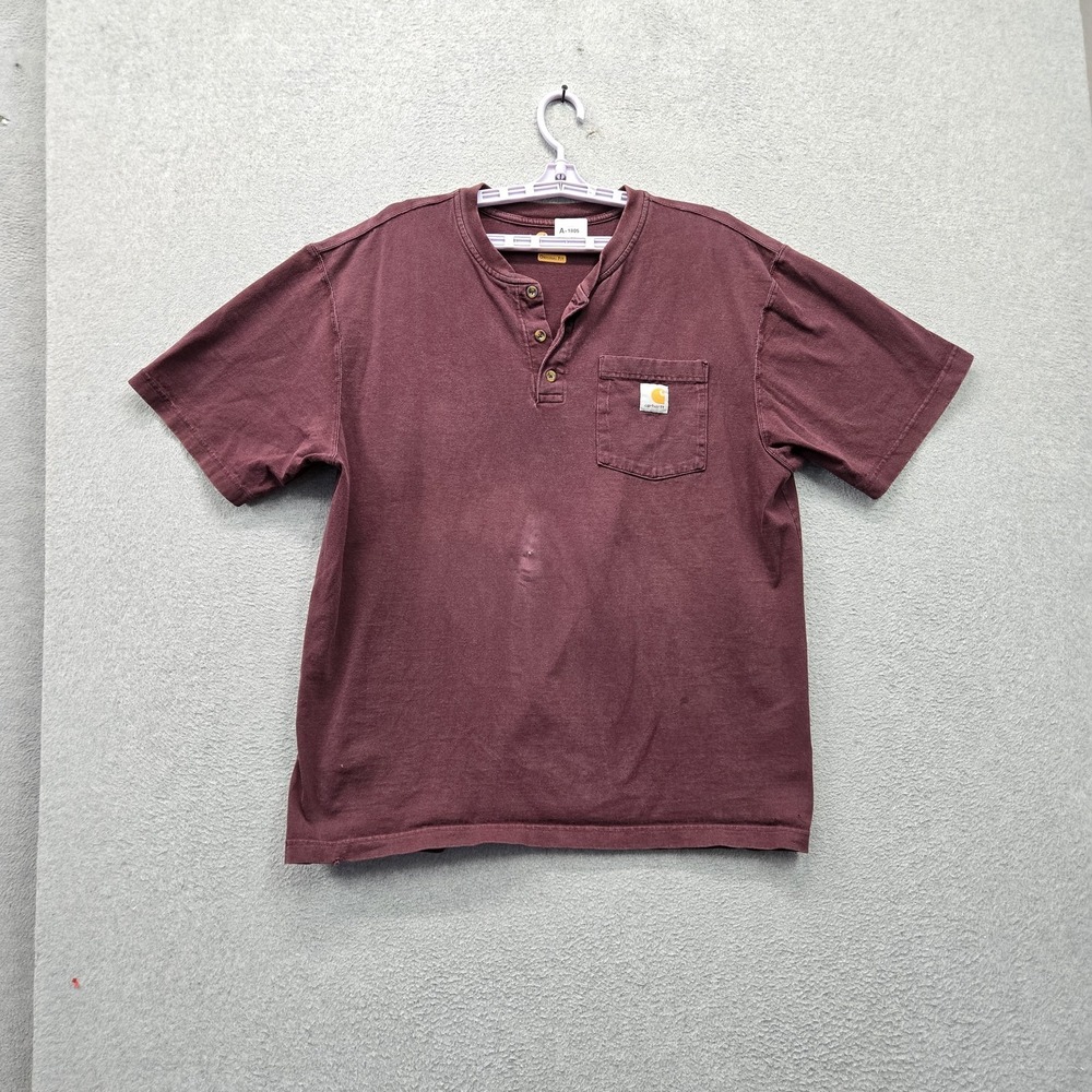 Carhartt Men Shirt L Burgundy K84 Henley Button Logo Short Sleeve Original READ